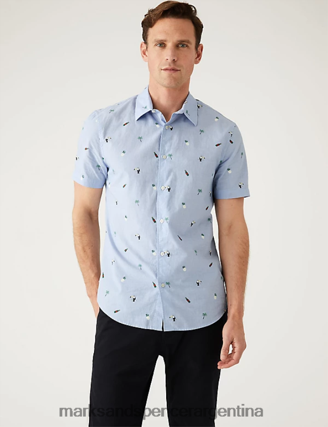 Marks & Spencer hombres camisa con estampado de puro algodón ropa mezcla azul 46VL5302
