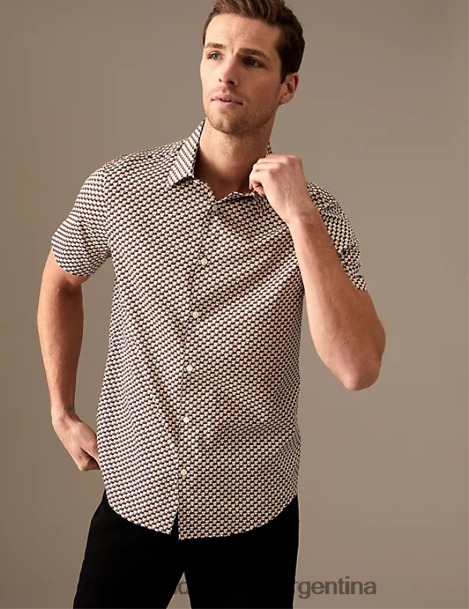 Marks & Spencer hombres camisa con estampado geométrico rico en algodón ropa mezcla de naranja 46VL6496