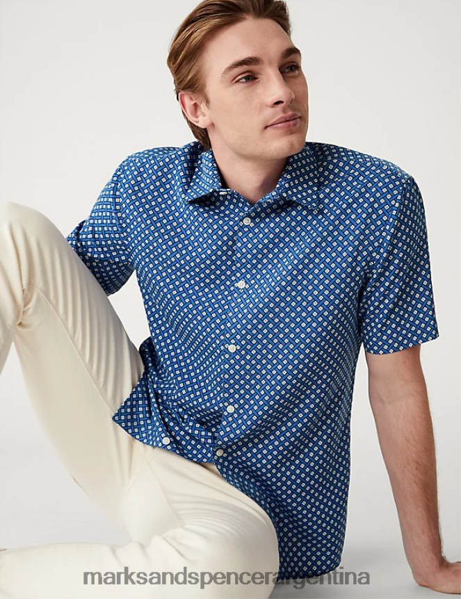 Marks & Spencer hombres camisa con estampado geométrico ropa mezcla azul 46VL5186