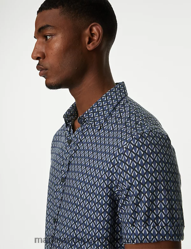 Marks & Spencer hombres camisa con estampado geométrico ropa mezcla azul 46VL5904