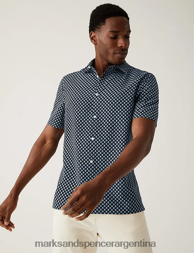 Marks & Spencer hombres camisa con estampado geométrico ropa mezcla azul marino 46VL6682
