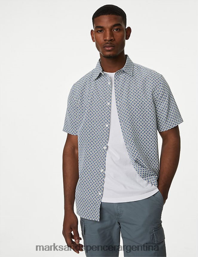 Marks & Spencer hombres camisa con estampado geométrico ropa mezcla blanca 46VL5590