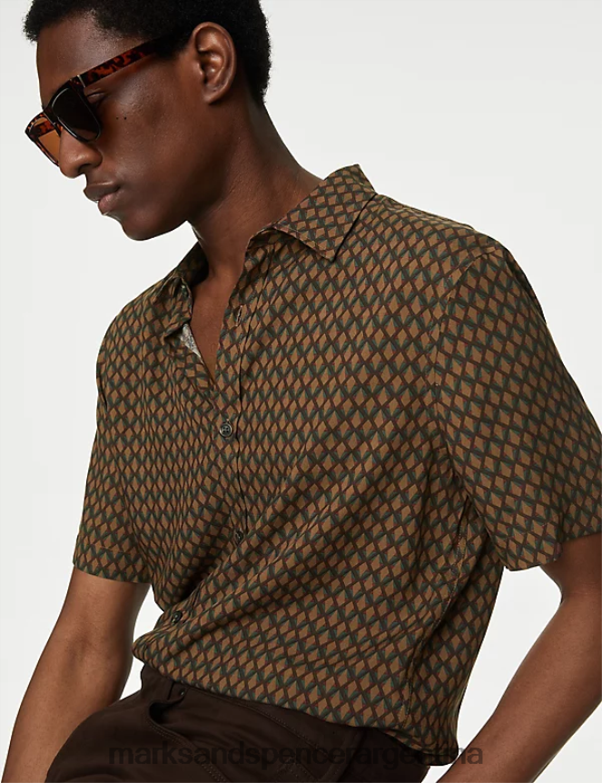 Marks & Spencer hombres camisa con estampado geométrico ropa mezcla marrón 46VL6282
