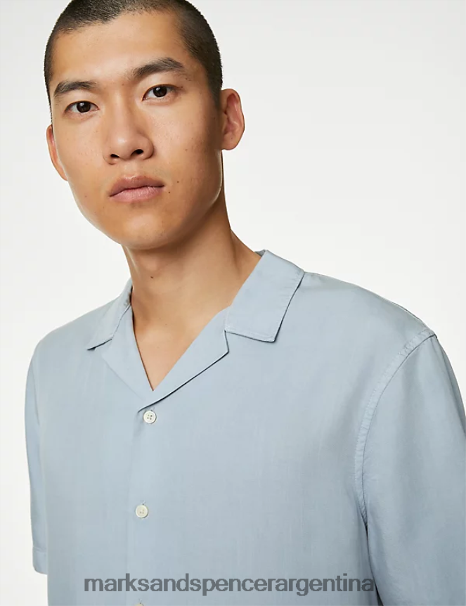 Marks & Spencer hombres camisa cuello cubano puro tencel ropa azul pálido 46VL6150
