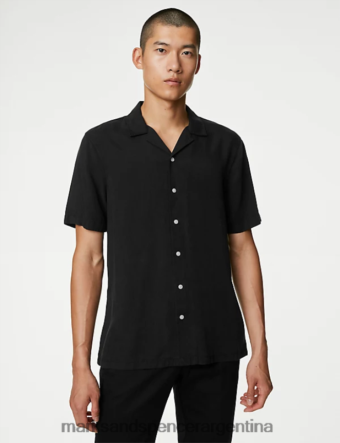 Marks & Spencer hombres camisa cuello cubano puro tencel ropa negro 46VL6152