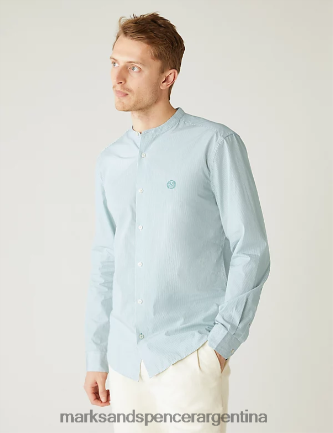 Marks & Spencer hombres camisa cuello mao en puro algodón supima ropa mezcla verde 46VL5668