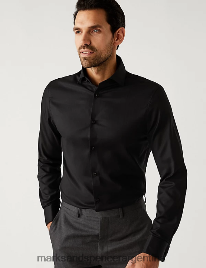 Marks & Spencer hombres camisa de corte entallado de puro algodón con diseño de espiguilla ropa negro 46VL6752