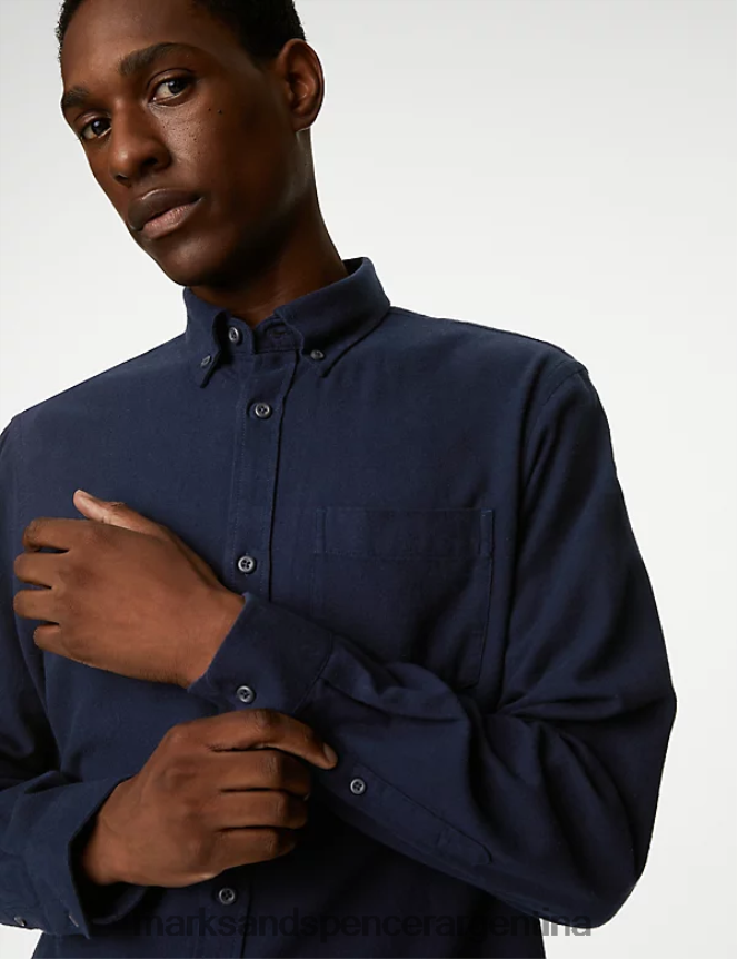 Marks & Spencer hombres camisa de franela rica en algodón ropa azul marino oscuro 46VL5632