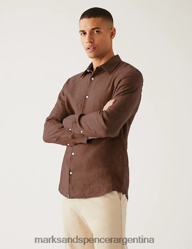 Marks & Spencer hombres camisa de lino puro ropa marrón 46VL5510