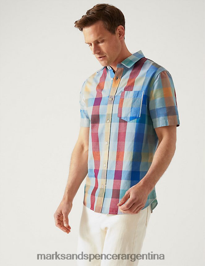 Marks & Spencer hombres camisa de puro algodón a cuadros con cuello cubano ropa mezcla azul 46VL5030