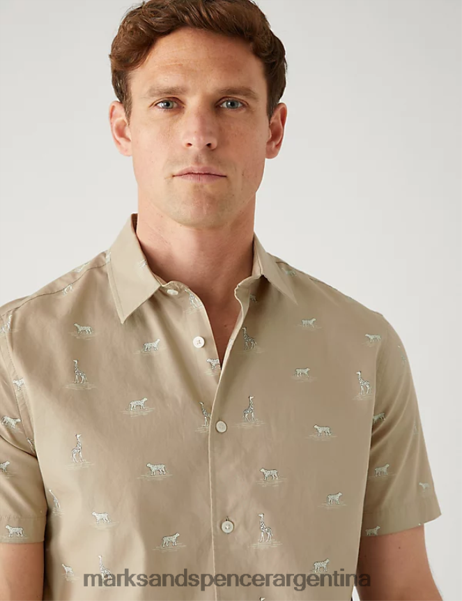 Marks & Spencer hombres camisa de puro algodón con estampado de fauna ropa neutral 46VL5244