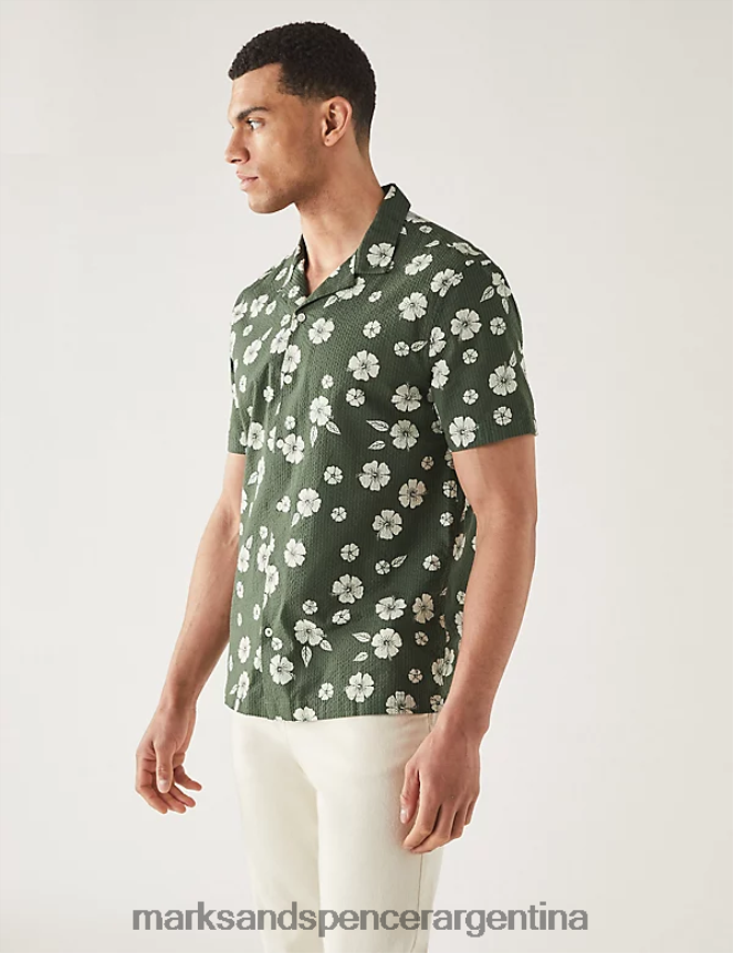 Marks & Spencer hombres camisa de puro algodón seersucker con cuello cubano ropa verde 46VL6138