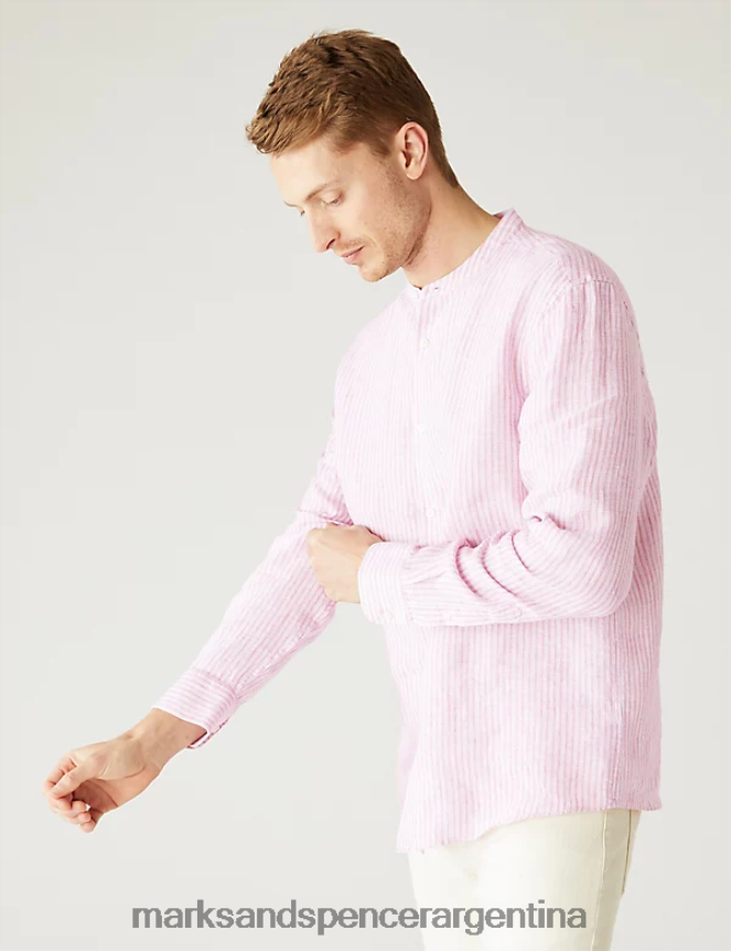 Marks & Spencer hombres camisa de puro lino a rayas con cuello mao ropa mezcla rosa 46VL5834