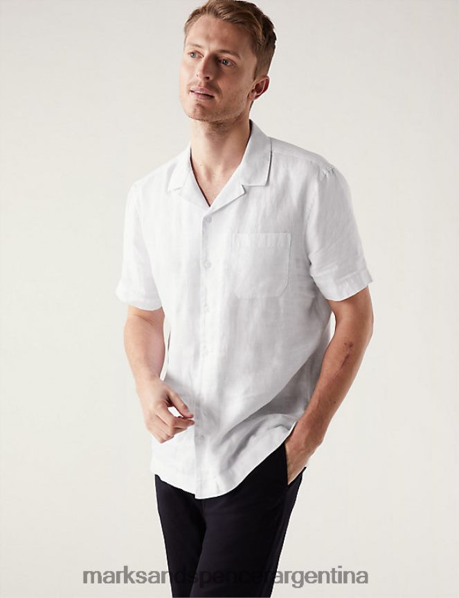 Marks & Spencer hombres camisa de puro lino con cuello cubano ropa blanco 46VL6000