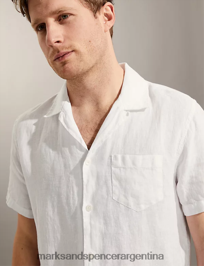 Marks & Spencer hombres camisa de puro lino con cuello cubano ropa blanco 46VL6574
