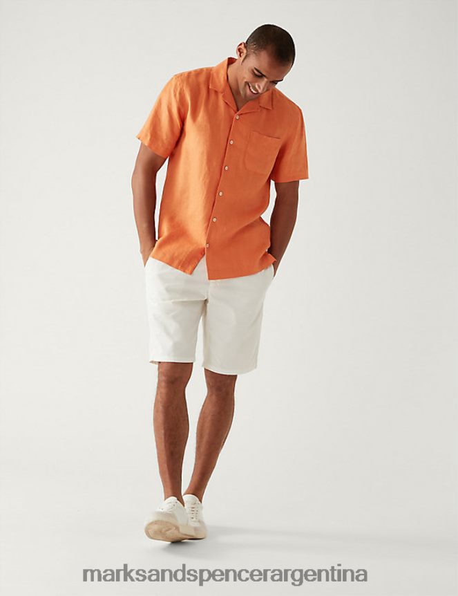Marks & Spencer hombres camisa de puro lino con cuello cubano ropa naranja 46VL5614