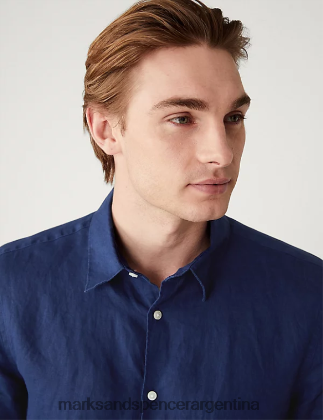 Marks & Spencer hombres camisa de puro lino fácil de planchar ropa Armada 46VL5310