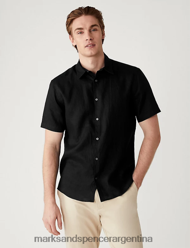 Marks & Spencer hombres camisa de puro lino fácil de planchar ropa negro 46VL4950