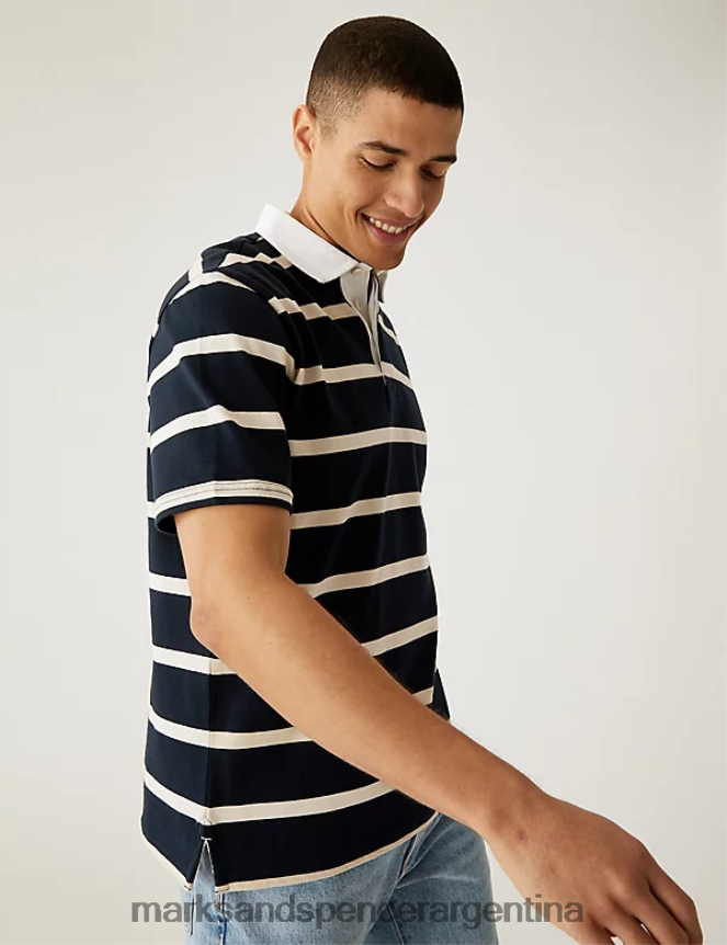 Marks & Spencer hombres camisa de rugby a rayas de puro algodón ropa azul marino oscuro 46VL6656