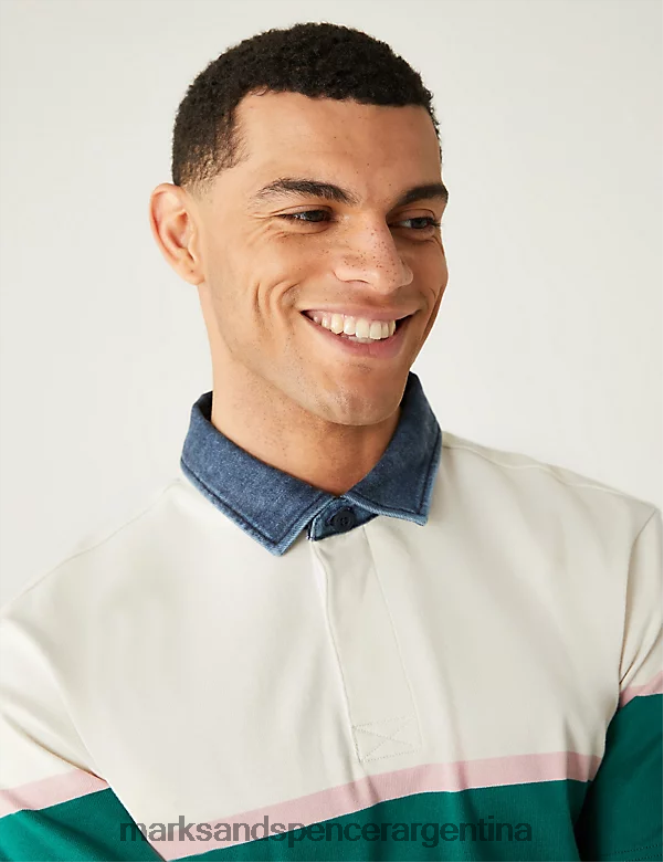 Marks & Spencer hombres camisa de rugby a rayas de puro algodón ropa mezcla cruda 46VL6434
