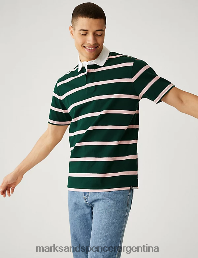 Marks & Spencer hombres camisa de rugby a rayas de puro algodón ropa verde oscuro 46VL6324