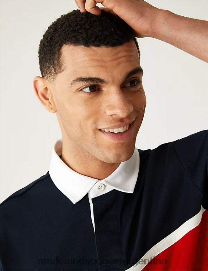 Marks & Spencer hombres camisa de rugby color block de puro algodón ropa mezcla azul marino 46VL5790