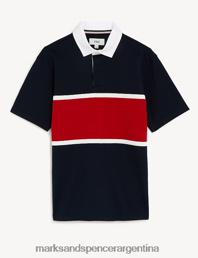 Marks & Spencer hombres camisa de rugby color block de puro algodón ropa mezcla azul marino 46VL5790