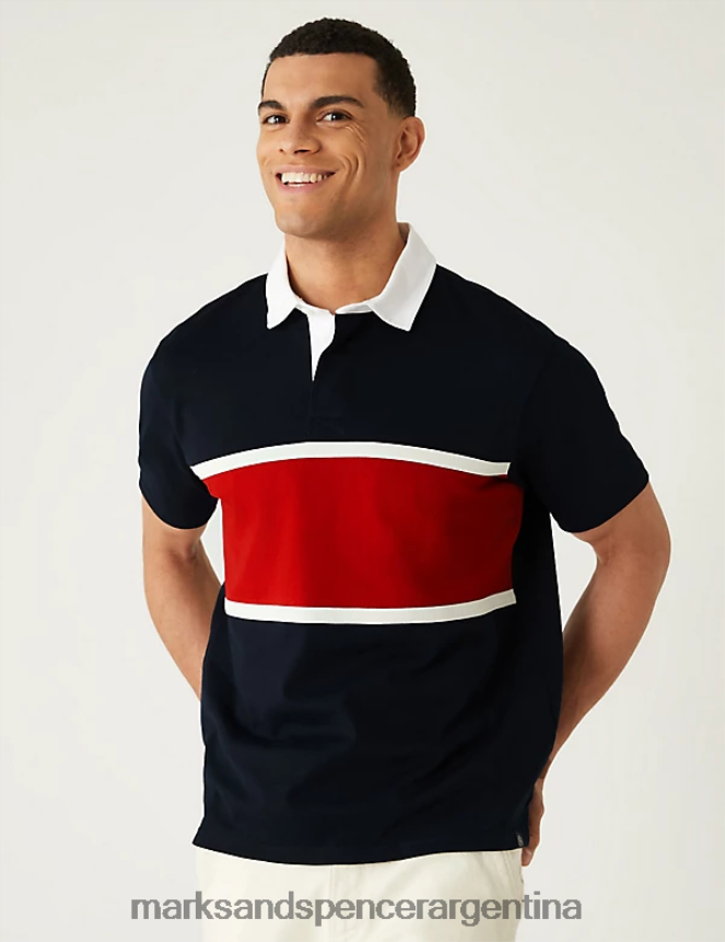 Marks & Spencer hombres camisa de rugby color block de puro algodón ropa mezcla azul marino 46VL5790