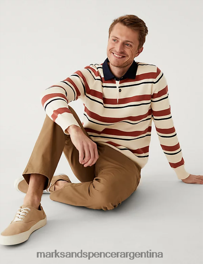 Marks & Spencer hombres camisa de rugby de punto de puro algodón a rayas ropa mezcla roja 46VL5688