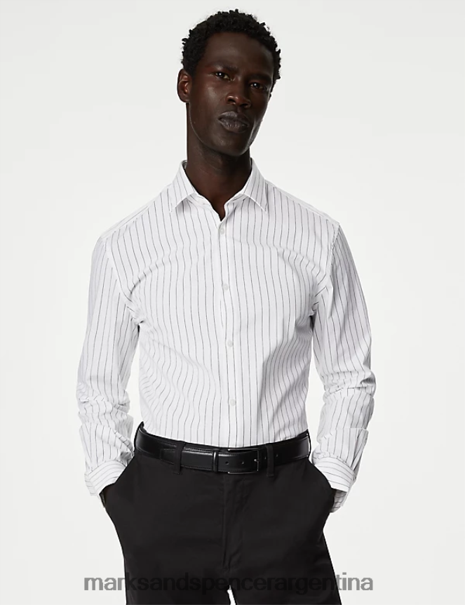 Marks & Spencer hombres camisa elástica con rayas anchas y corte slim ropa mezcla blanca 46VL5194