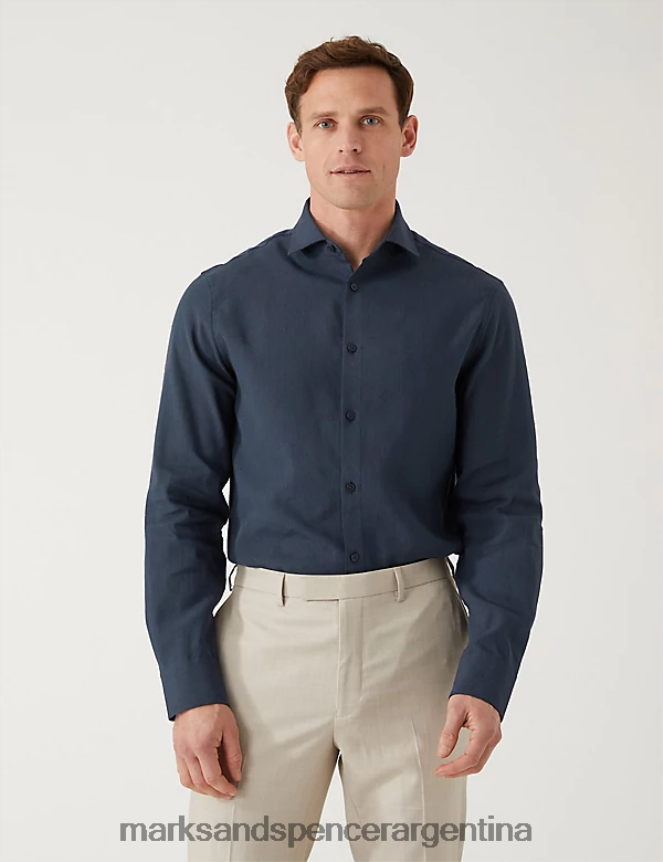Marks & Spencer hombres camisa milagrosa de lino italiano de corte entallado ropa Armada 46VL5842
