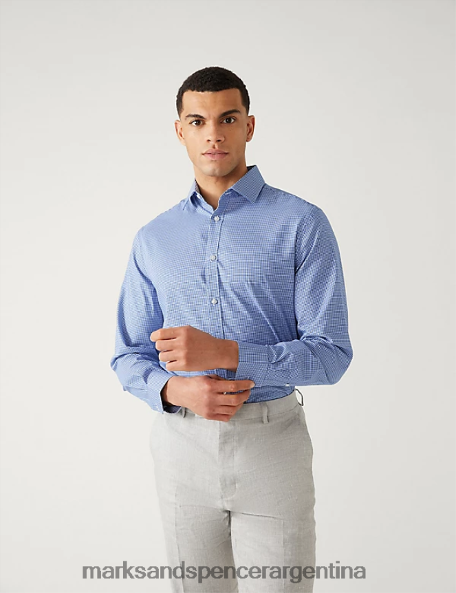 Marks & Spencer hombres camisa regular fit de puro algodón sin planchar ropa mezcla azul marino 46VL5258