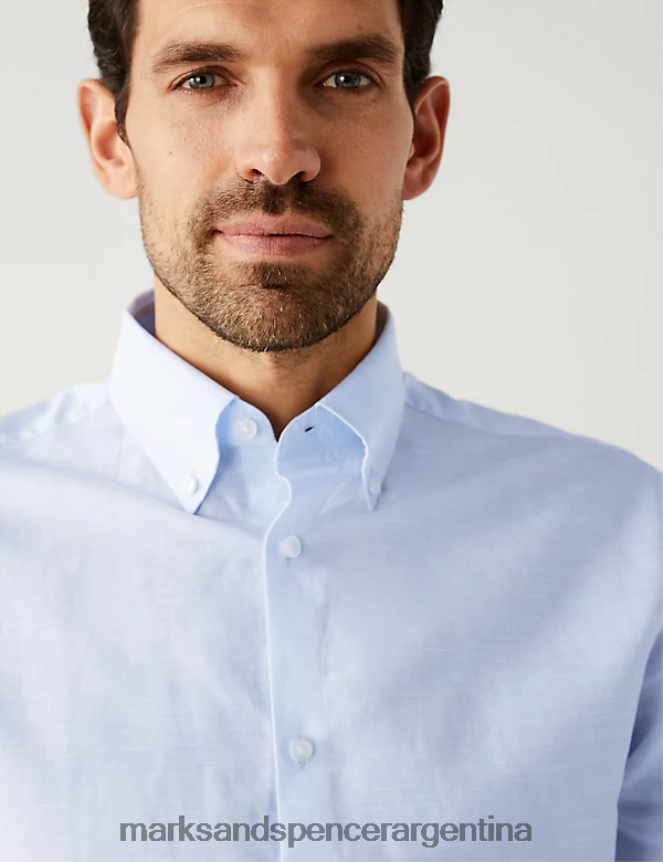 Marks & Spencer hombres camisa regular fit en tejido de mezcla de lino ropa azul 46VL6598