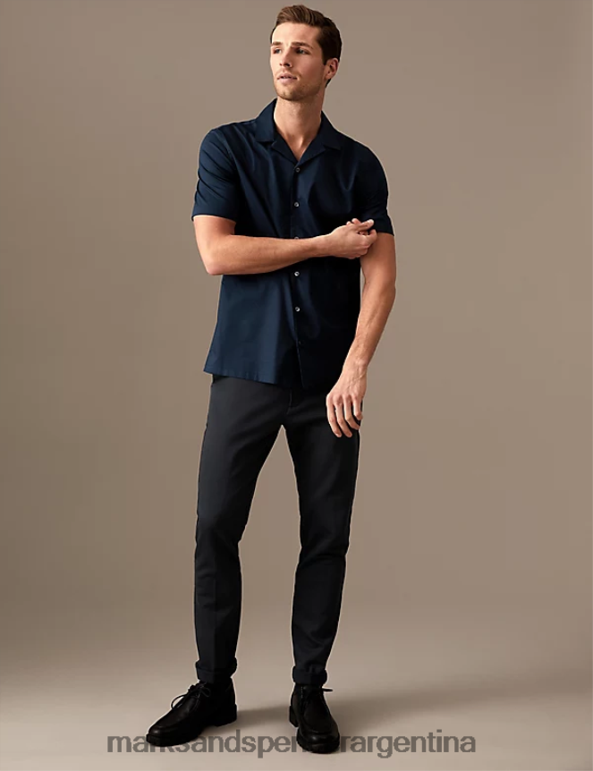 Marks & Spencer hombres camisa rica en algodón con cuello cubano ropa Armada 46VL5732