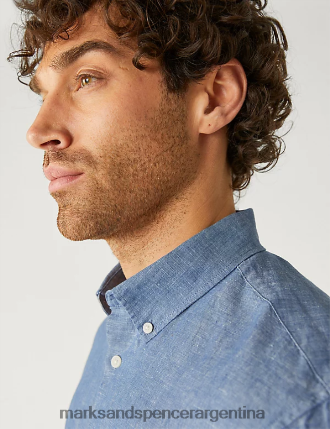 Marks & Spencer hombres camisa rica en lino fácil de planchar ropa cambray 46VL7106