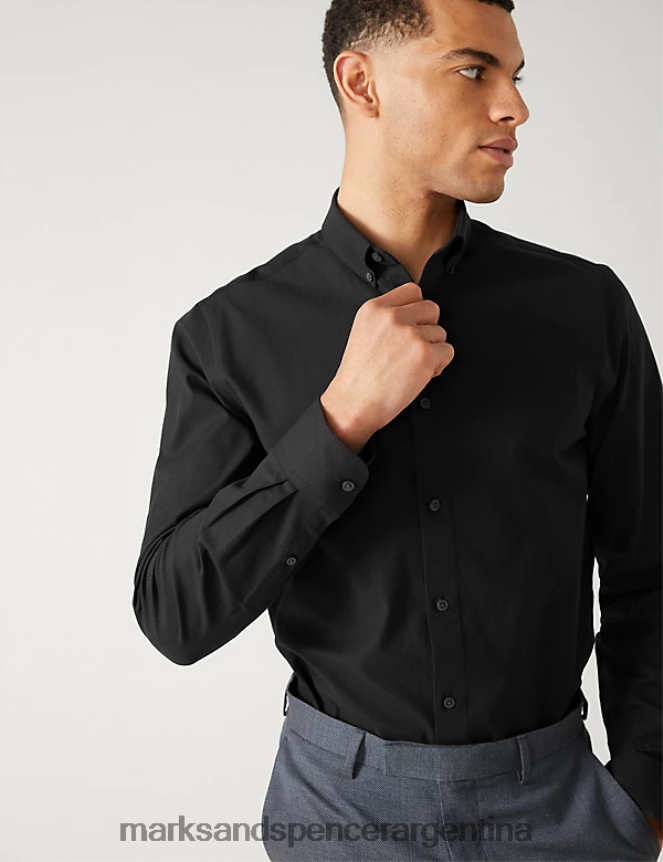 Marks & Spencer hombres camisa slim fit con tejido elástico ropa negro 46VL5658