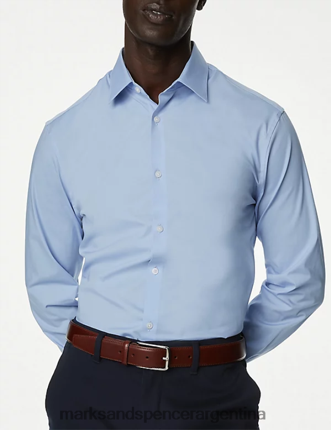 Marks & Spencer hombres camisa slim fit con tejido rico en algodón ropa azul medio 46VL5982