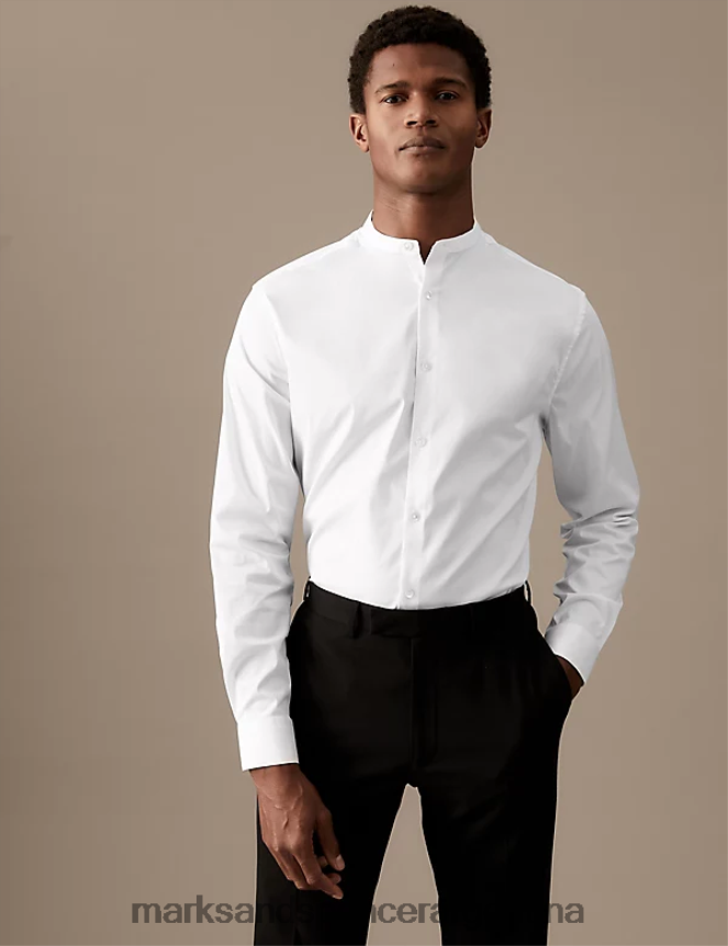 Marks & Spencer hombres camisa slim fit de algodón elástico con cuello mao ropa blanco 46VL6980