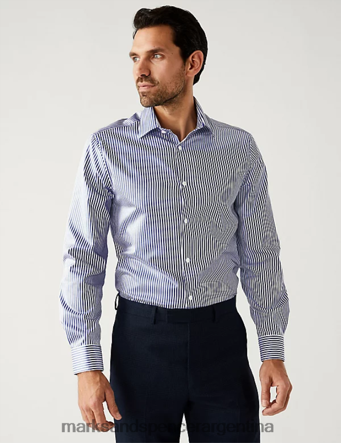 Marks & Spencer hombres camisa slim fit de puro algodón a rayas ropa Armada 46VL6654