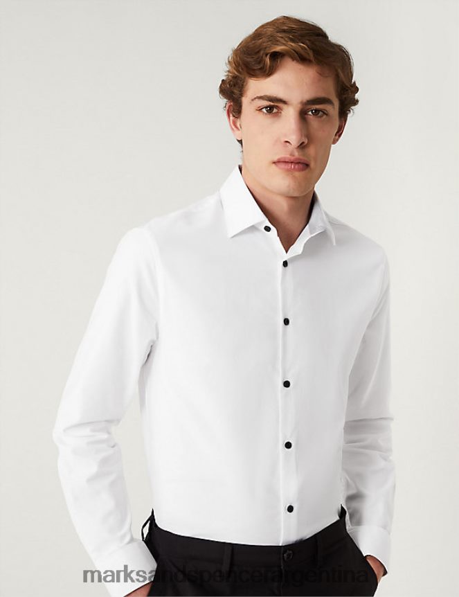 Marks & Spencer hombres camisa texturizada de corte slim de puro algodón ropa blanco 46VL6874