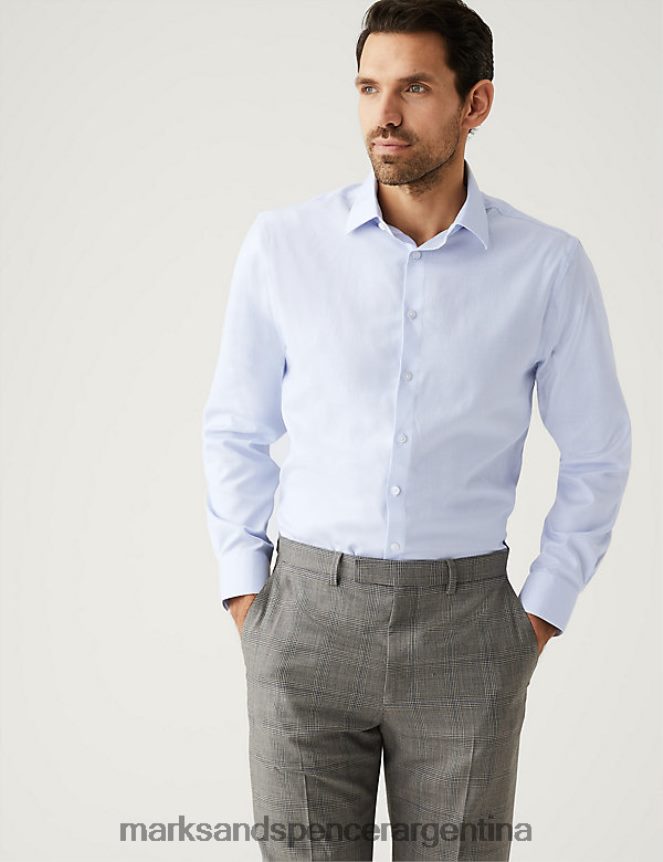 Marks & Spencer hombres camisa texturizada de puro algodón regular fit ropa azul claro 46VL5822