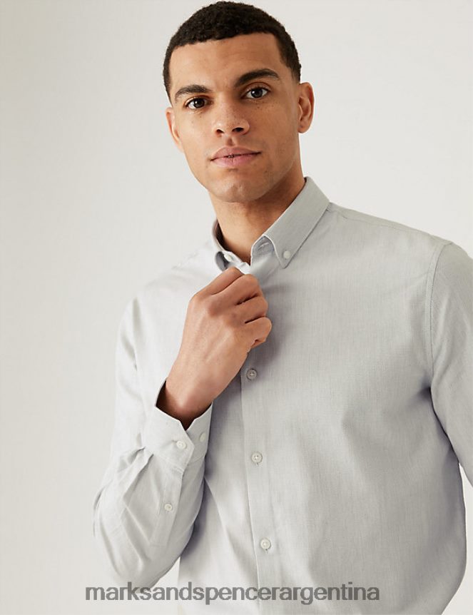 Marks & Spencer hombres camisa texturizada elástica de ajuste regular ropa marga gris 46VL5694