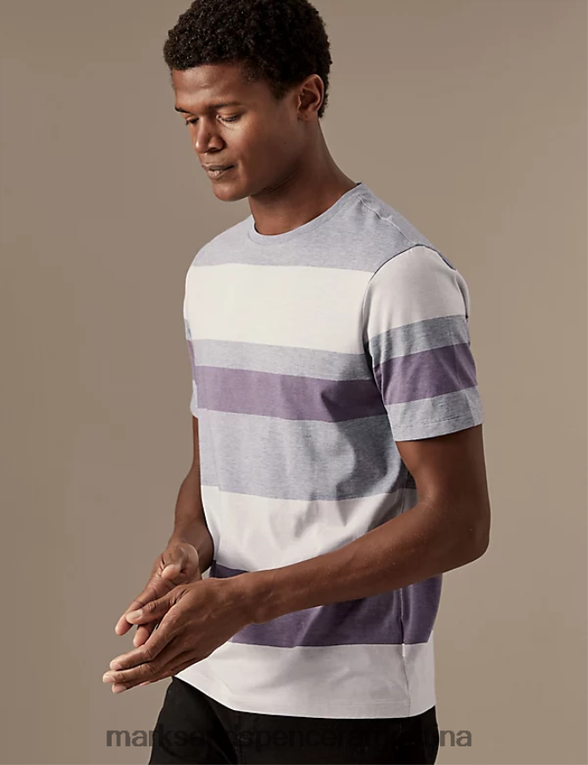 Marks & Spencer hombres camiseta a rayas de puro algodón ropa ciruela espolvoreada 46VL6086