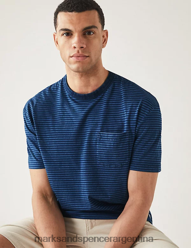 Marks & Spencer hombres camiseta a rayas de puro algodón ropa mezcla de índigo 46VL5474