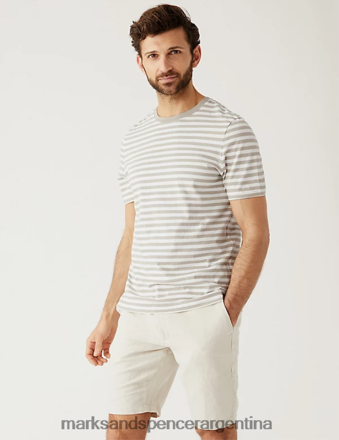 Marks & Spencer hombres camiseta a rayas de puro algodón ropa piedra oscura 46VL6444
