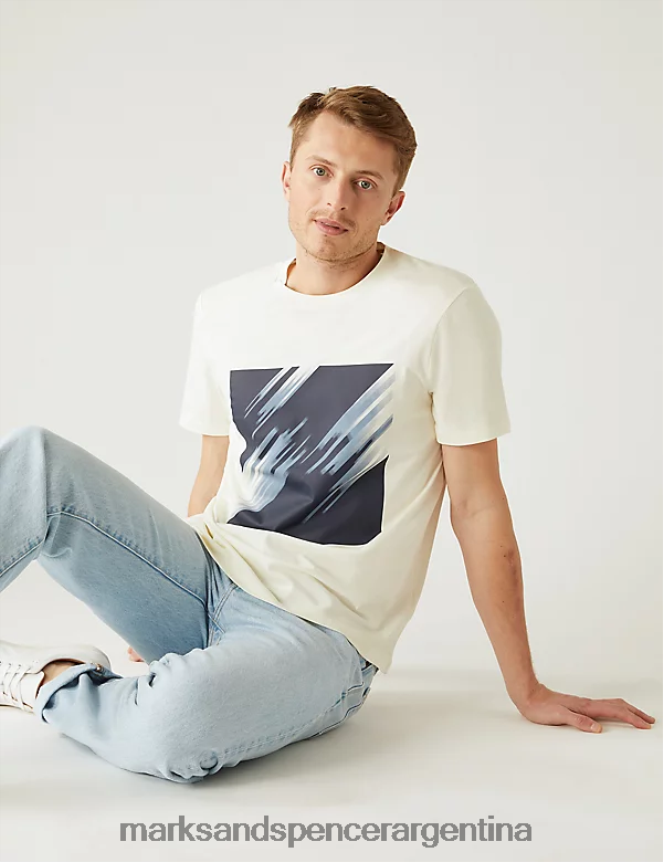 Marks & Spencer hombres camiseta con gráfico abstracto de puro algodón ropa Marfil 46VL5056