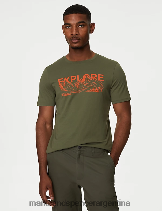Marks & Spencer hombres camiseta con gráfico explore de puro algodón ropa caqui medio 46VL5090