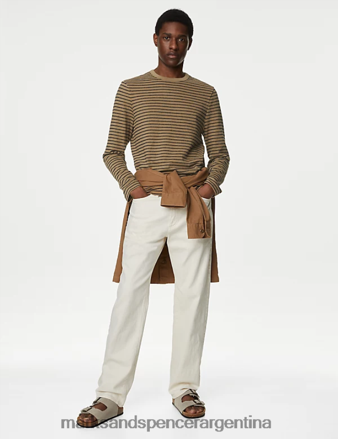 Marks & Spencer hombres camiseta de manga larga a rayas de puro algodón ropa mezcla de bronce 46VL5124