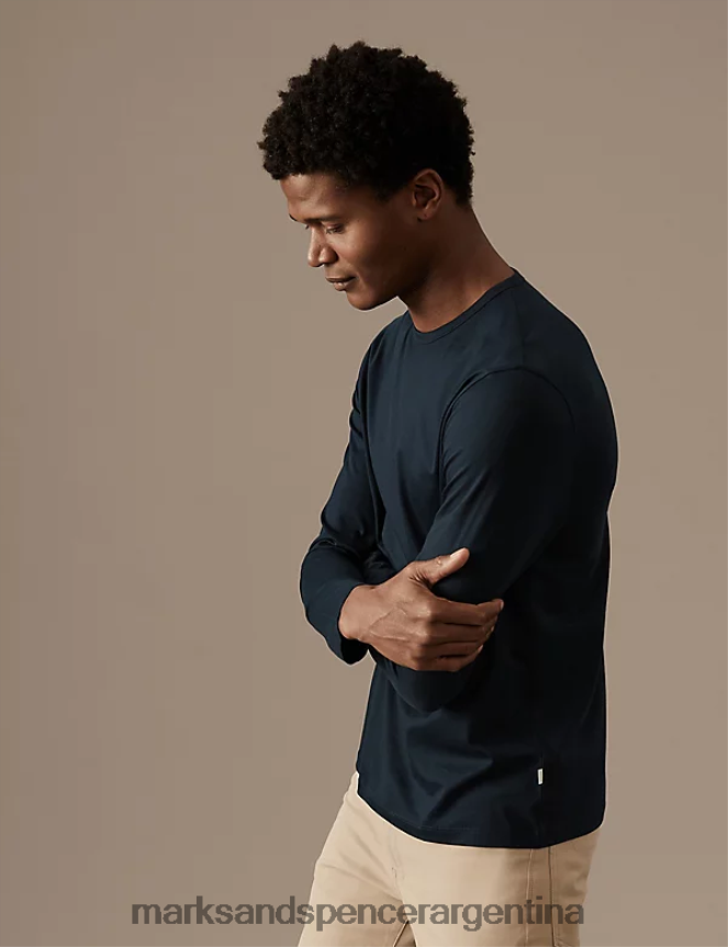 Marks & Spencer hombres camiseta de manga larga de puro algodón supima ropa azul marino oscuro 46VL6372