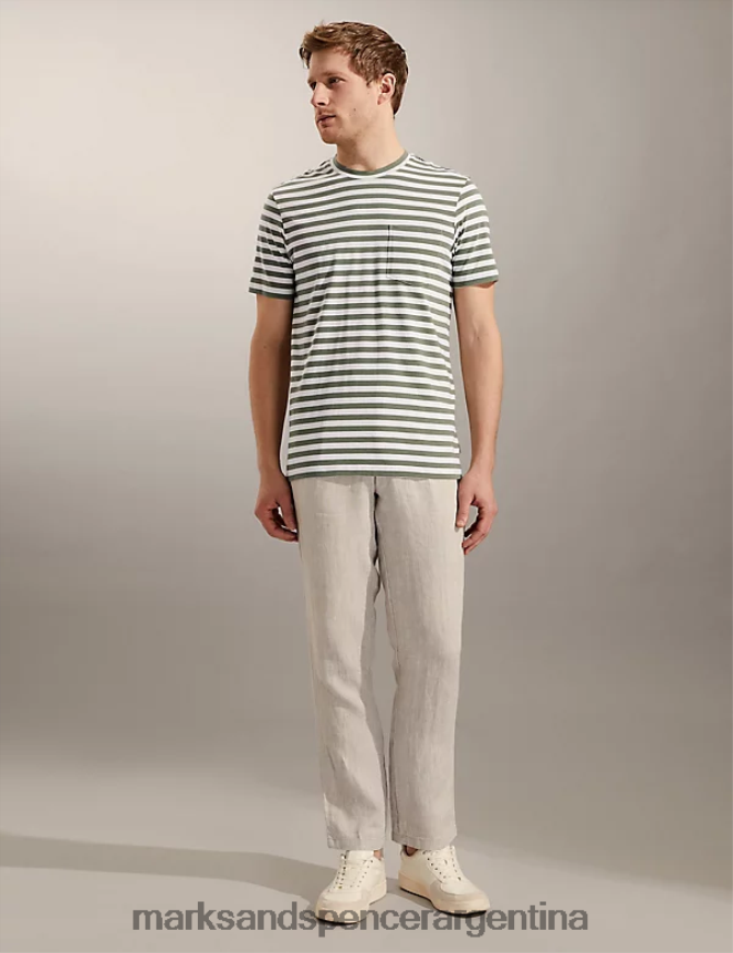 Marks & Spencer hombres camiseta de puro algodón a rayas con cuello redondo ropa aceituna 46VL6664